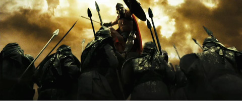 Seen from a worm's eye view, a Spartan leaps onto a group of enemy soldiers.