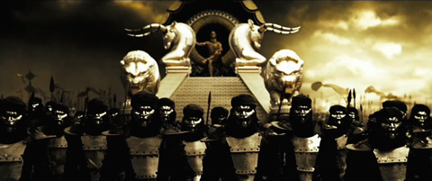The immortals, clad in black with silvery armor and facemasks, march in formation ahead of Xerxes, who rides atop a massive throne carried by slaves.