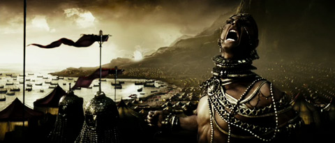 Xerxes, seen in front of his army's massive camp, roars in anger.