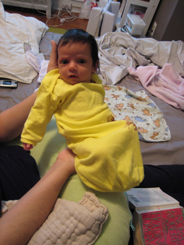 Blackbird being displayed by her mom, to show off her cool neon yellow sleep sack.