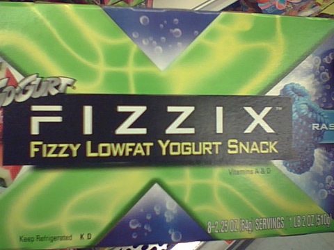 The front of a package that reads Go-Gurt Fizzix: Fizzy Lowfat Yogurt Snack