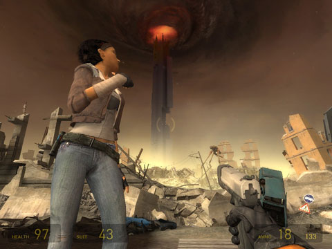 The Citadel, a tall tower, creates a swirl of storm clouds and is visible behind Alyx who turns to look at it from the rubble of City 17.