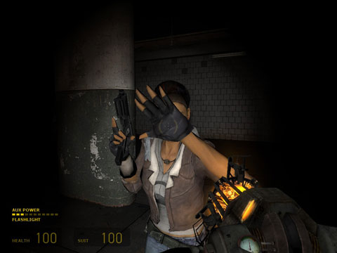 Alyx puts her hand in front of her face to block your flashlight beam from her eyes.