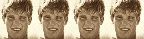 Four identical heads of a dazed and squinting blonde male Hollister model, in a worn sepia tone.