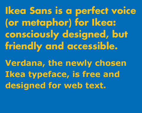 Samples of Futura and Verdana in the Ikea colors.