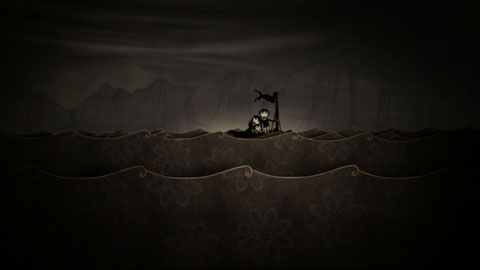 The children ride a tiny raft, on stylized waves, like pieces of paper, with ornate patterns on them