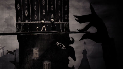 The children carefully traverse a ledge with their back to the wall. The ledge is the brim of the Count's hat, the wall is the top of it, and below is the Count's silhouette protruding from what appears to be a building.