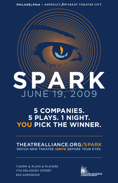Spark 2009 poster, the logo eye in front of radiating orange circles over the word SPARK, June 19, 2009, 5 Companies. 5 Plays. 1 Night. You pick the winner. theatrealliance.org/spark Watch new theatre ignite before your eyes. 7:00pm @ Plays & Players 1714 Delancy Street $20 Admission.