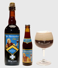 A St Bernardus Abt 12 large bottle, small bottle, and full goblet.