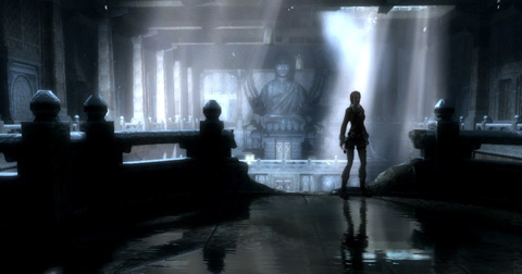 Lara is silhouetted against a shaft of light in an abandoned, snowy Buddhist monastery, filled with cool blue light and dark shadows.