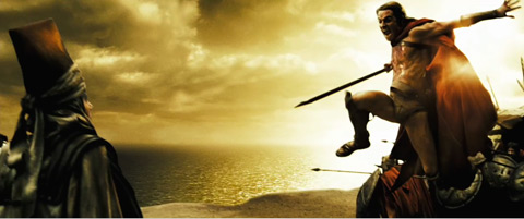 Stelio, his spear drawn back to thrust forward, leaps at another Persian.