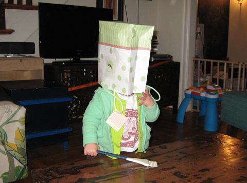 Blackbird with a bag on her head and a kitchen implement in her hand.