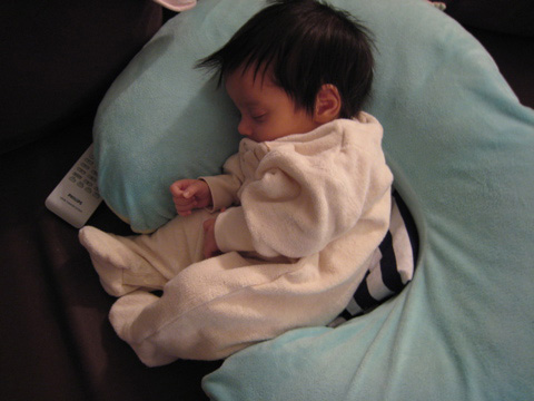 Blackbird sleeps, curled in her Boppy, wearing her terry cloth PJs.