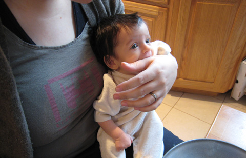 Blackbird sits in mom's lap, sucking on mom's hand where the thumb and forefinger meet.