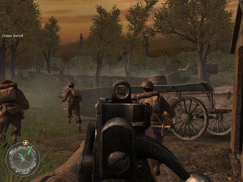 British infantry charges towards an enemy-occupied orchard at dusk.