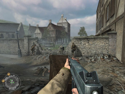 Your squadmates gather around a hole in a stone wall looking on a church and its cemetary.