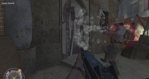 A private gets cut up through a door by German infantry firing through the door.