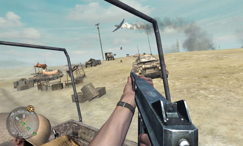 In a truck with your squad,on the road into El Daba. A plane in flames dives across the sky.