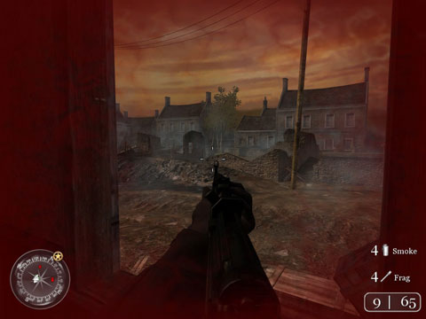 Taking fire while looking out a window on Germans behind a broken wall in the back yards of French homes.