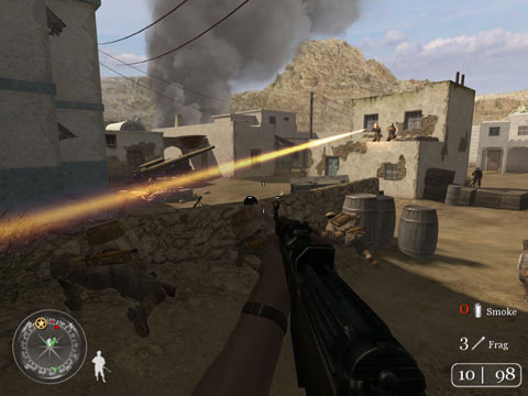 Germans on a building fire on your squad's position behind a low wall.