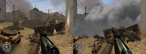Side by side comparison of a position exposed to the enemy and concealed by smoke.