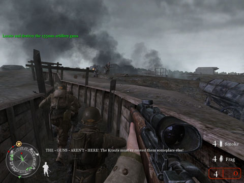 You and your squad charging down the trenches towards German troops and defenses.