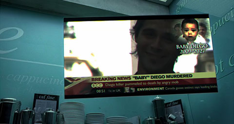 A monitor in a coffee shop displays the BBC News headline 'Baby Diego Murdered', with a picture of the 18 year-old Deigo and the years of his life 2009&ndash;2027.