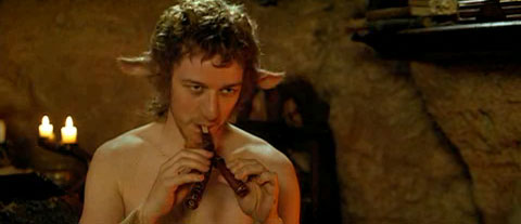 Tumnus the satyr faun plays the pan flute.