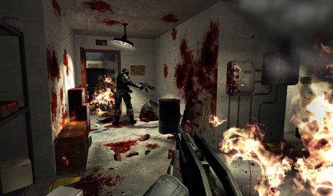 A clone troop is caught off guard at the end of a blood-stained hall, lit by fires around you.