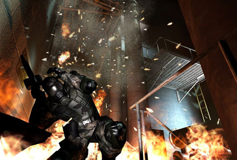 A clone troop ducks as fire and debris erupt around him.