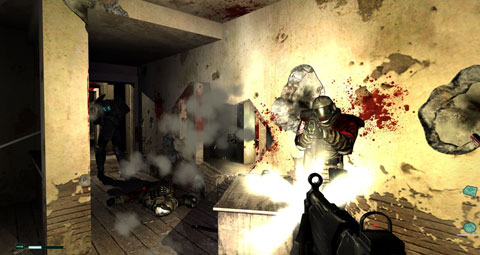 Muzzle flare lights up a room, revealing a clone trooper. A super soldier is in the shadows down the hall.