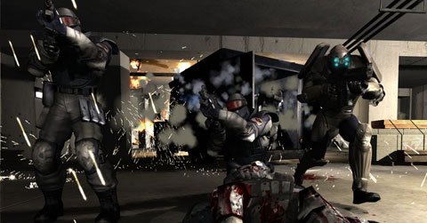 Two clone troops provide coverage as a super troop deploys.