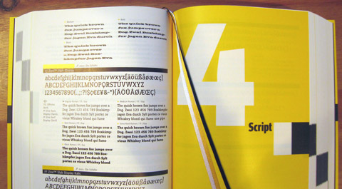 An open spread, at the divider page for chapter 4, script.