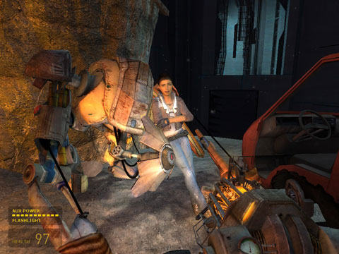 Alyx leans against Dog's neck, arms folded, and smirks, while discussing the approach.