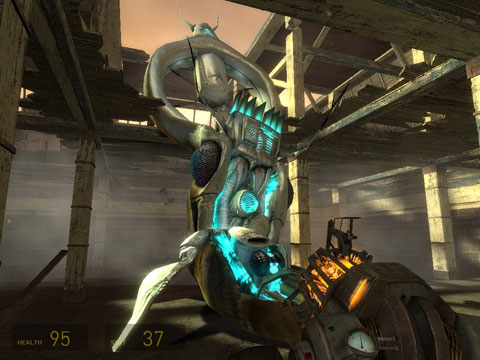 A Combine biomechanical gunship lays upside down and belly up through a hole in the ceiling of a largely wooden structure.