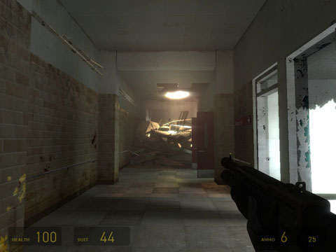 Light filters through a hole in the ceiling, illuminating some rubble, showing off the high dynamic range effects.