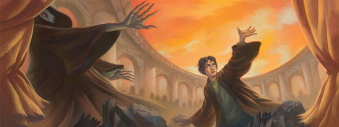 The full wraparound illustration of the seventh Harry Potter book. Harry Potter and Voldemort, with their hands extended towards an orange sky, surrounded by archways and wreckage.