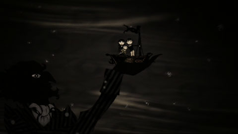 The children's raft is lifted into the air by a giant stylized silhouette of Count Olaf, on whom an eye and a few clothing details are visible