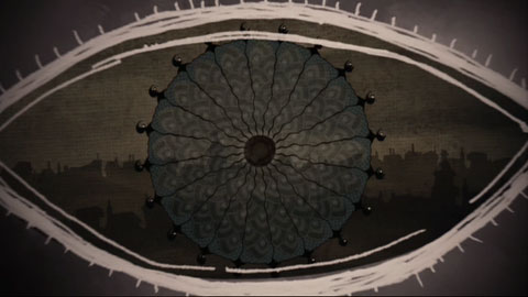 A large ornate design that looks like an eye dominates the screen. The iris is a stylized ferris wheel.