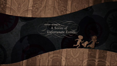 The title of the film appears as silhouettes of the children run down a tunnel. The children and the tunnel's top and bottom have a beige pattern, whereas the tunnel wall is a dark grey and black. The words are embellished with calligraphic scrolling.
