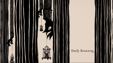 A roughly drawn pinstripe pattern is revealed as many of Count's suited arms, pulling the children upward in gilded birdcages.