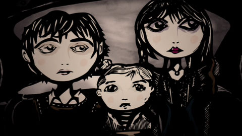 A close view of the stylized hand-drawn children in the back of a car.