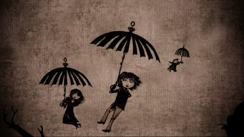 The children float down past a dirty burlap-textured sky, using umbrellas as parachutes.