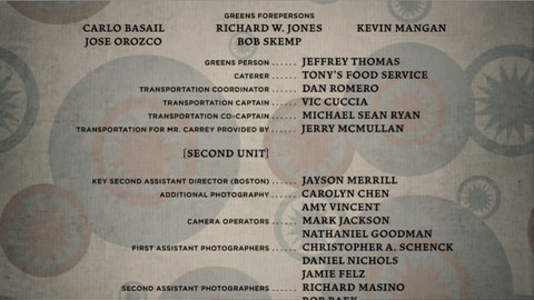 The end credits scroll over a faded pattern, that looks like old wallpaper. The motif is of blue and red circles with starburst shapes inside.