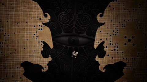 A carriage falls down a chasm created by two silhouettes of Count Olaf