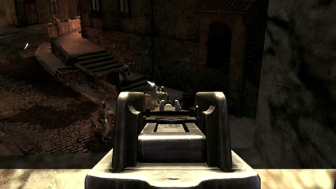 Aiming down the iron sights of a Thompson sub-machine gun at two enemy soldiers firing on a fellow paratrooper behind a low wall.