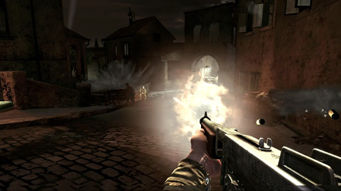 Firing down the street at enemy soldiers fleeing a grenade detonation.