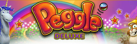 The logotype for Peggle Deluxe, on a cheery rainbow and grasslands background, flanked by two characters.