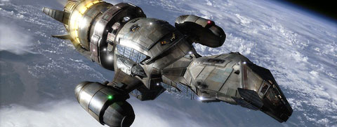 Serenity flying above a planet's atmosphere.