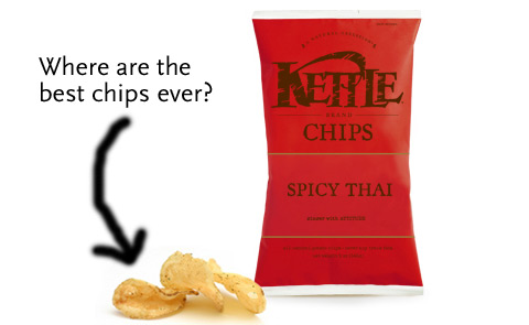 A bag of Kettle Spicy Thai chips, next to a pile of chips. The phrase Where are the best chips ever? appears next to them, with a crudely drawn arrow pointing to the chips.